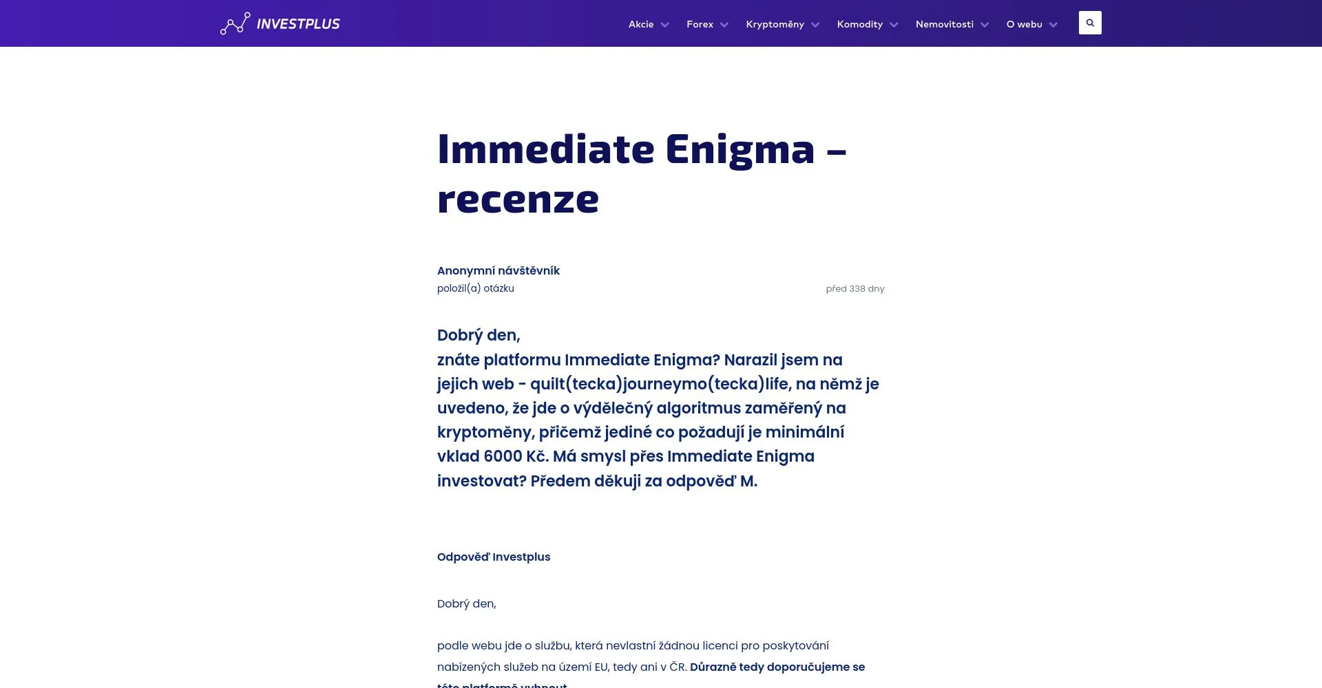 Immediate Enigma recenze: Je to podvod nebo legitimní platforma?